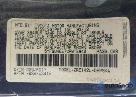 2012 Toyota Corolla S/Le z USA, uszkodzony, nr VIN 5YFBU4EE7CP018840